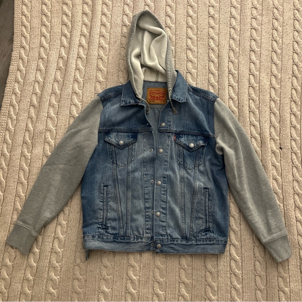 Levi's Blue Denim Jacket with Gray Hood and Sleeves